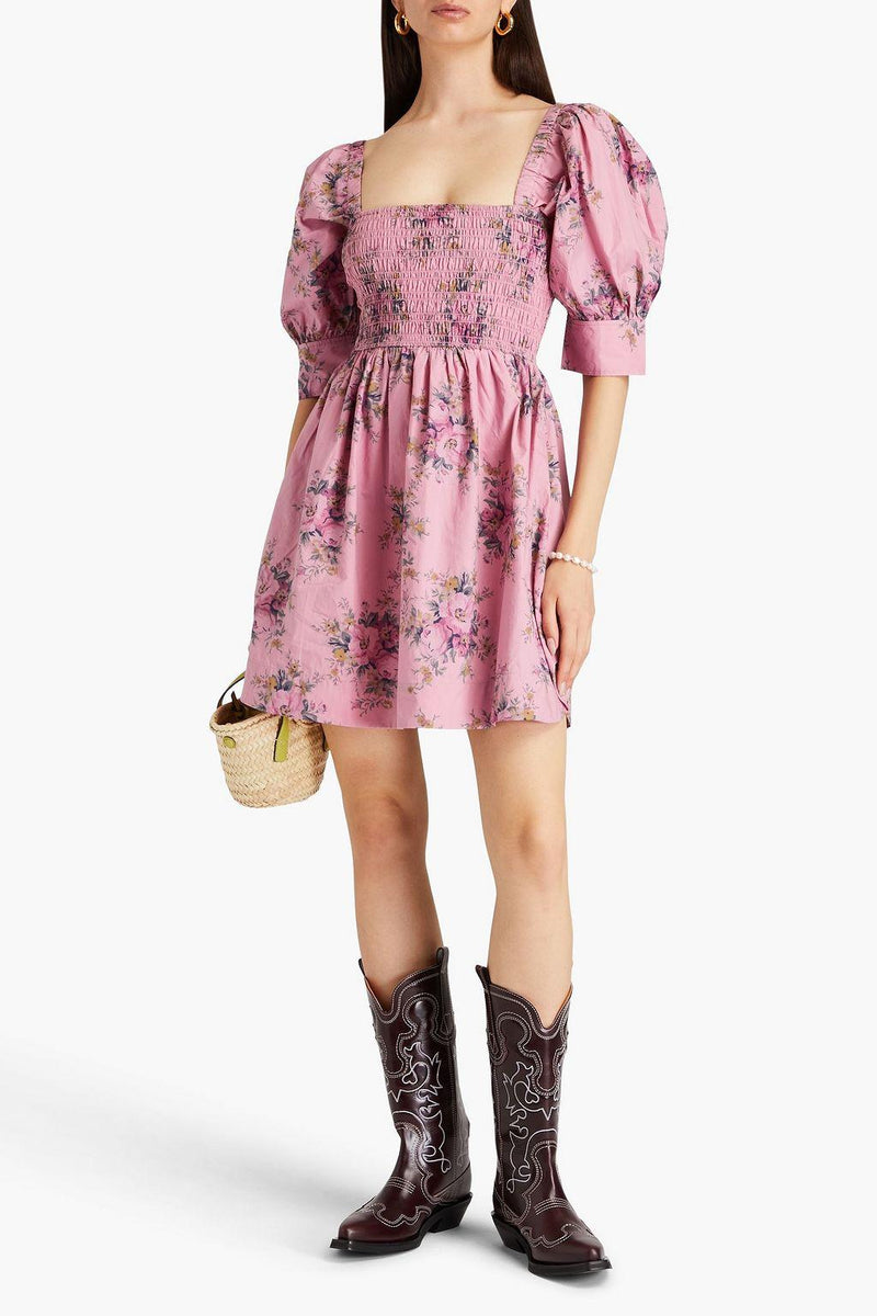 Puff Sleeve Square Collar Smocked Elastic Mini Dress