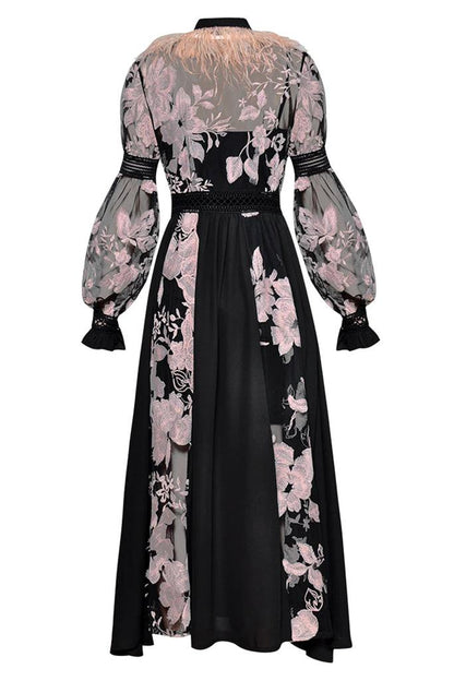 Long Sleeve Scarf Collar Lace Up Midi Dress