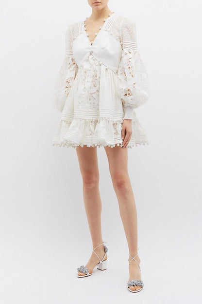Lantern Sleeve V-neck Lace Mini Dress White