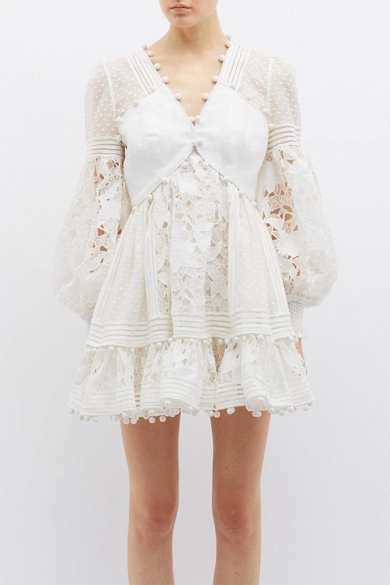 Lantern Sleeve V-neck Lace Mini Dress White