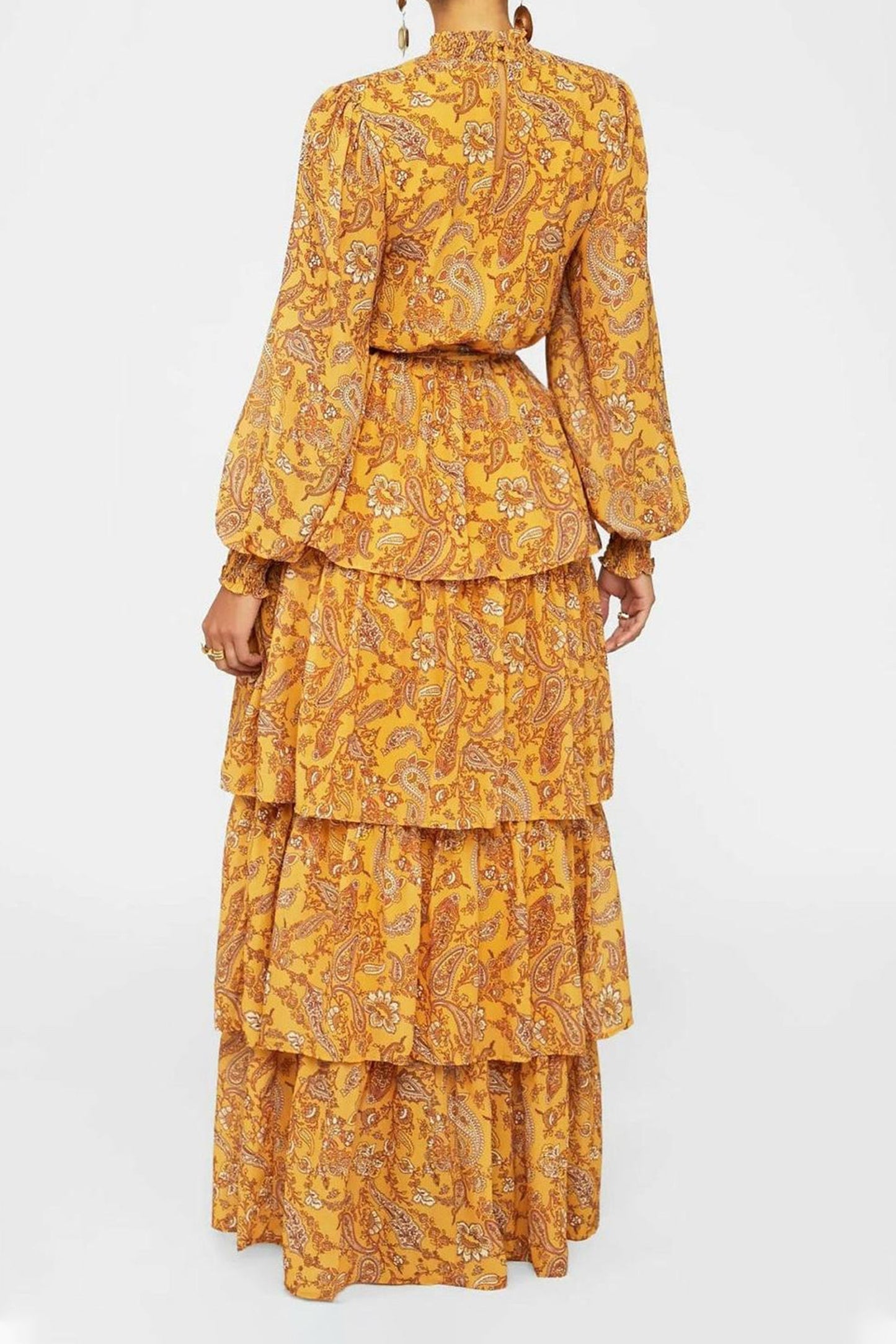Lantern Sleeve Stand Collar Belted Tiered Ruffle Trim Maxi Dress