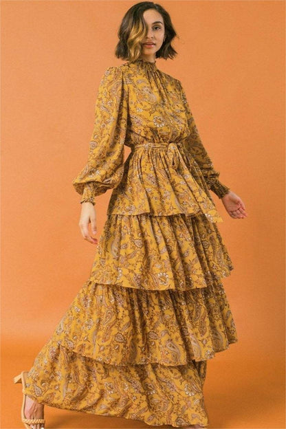 Lantern Sleeve Stand Collar Belted Tiered Ruffle Trim Maxi Dress
