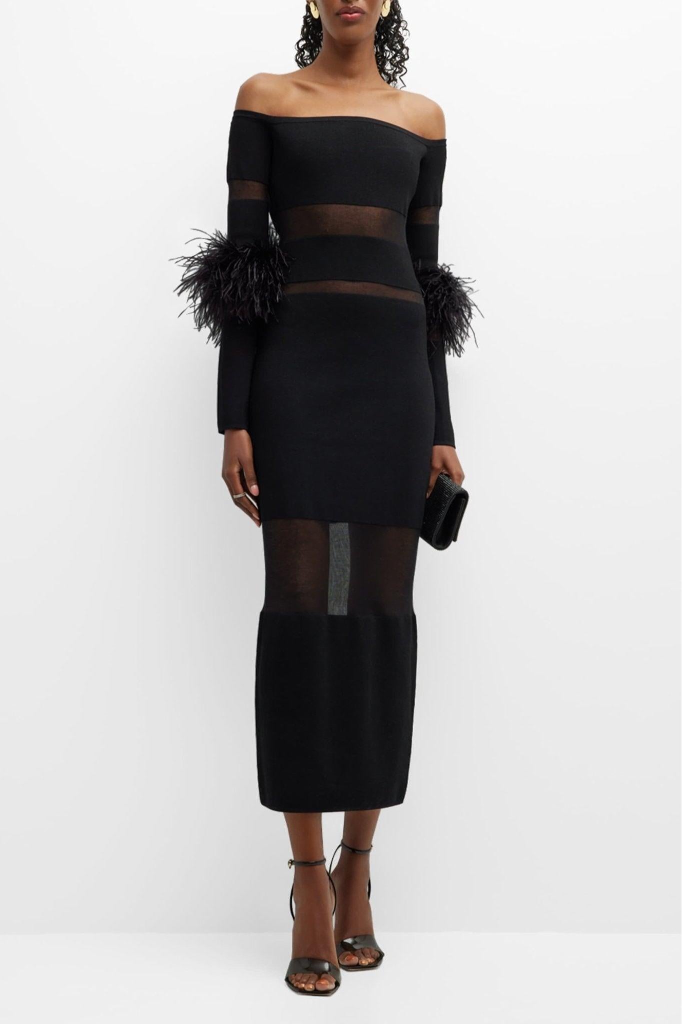 Long Sleeve Off-shoulder Feather Midi Dress