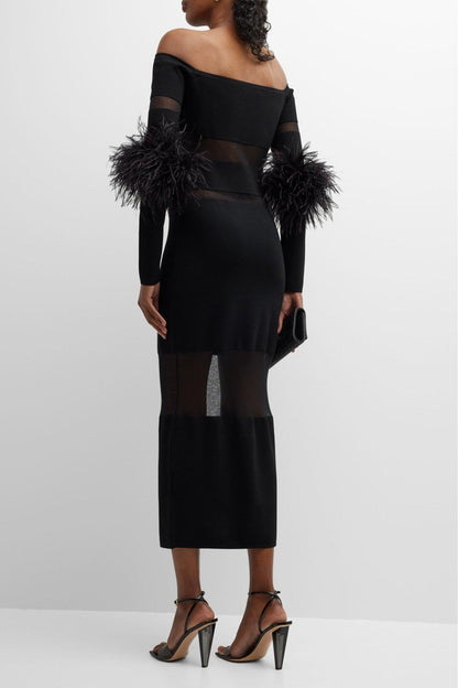 Long Sleeve Off-shoulder Feather Midi Dress