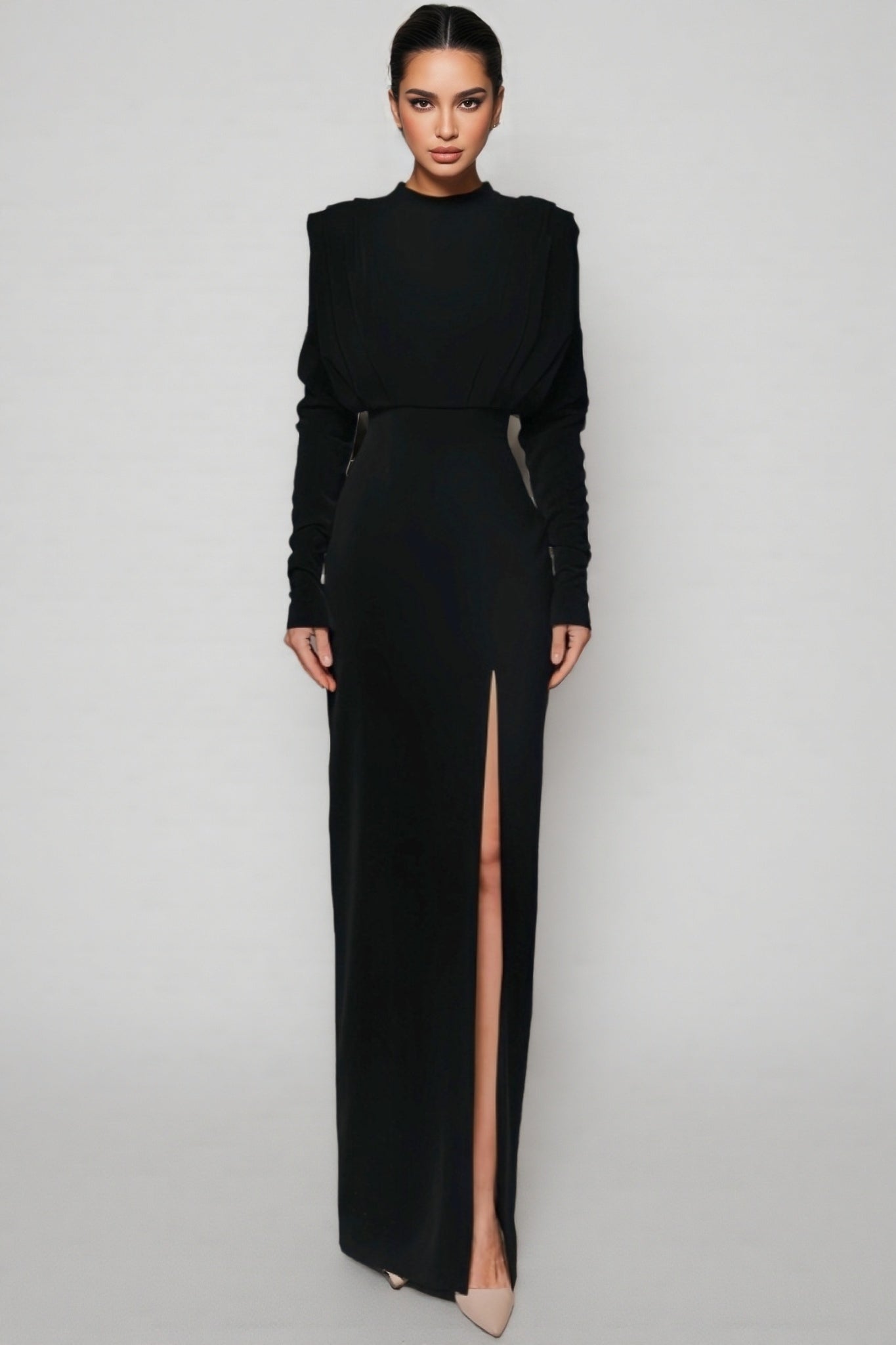 Irene High Neck Slit Maxi Dress-black