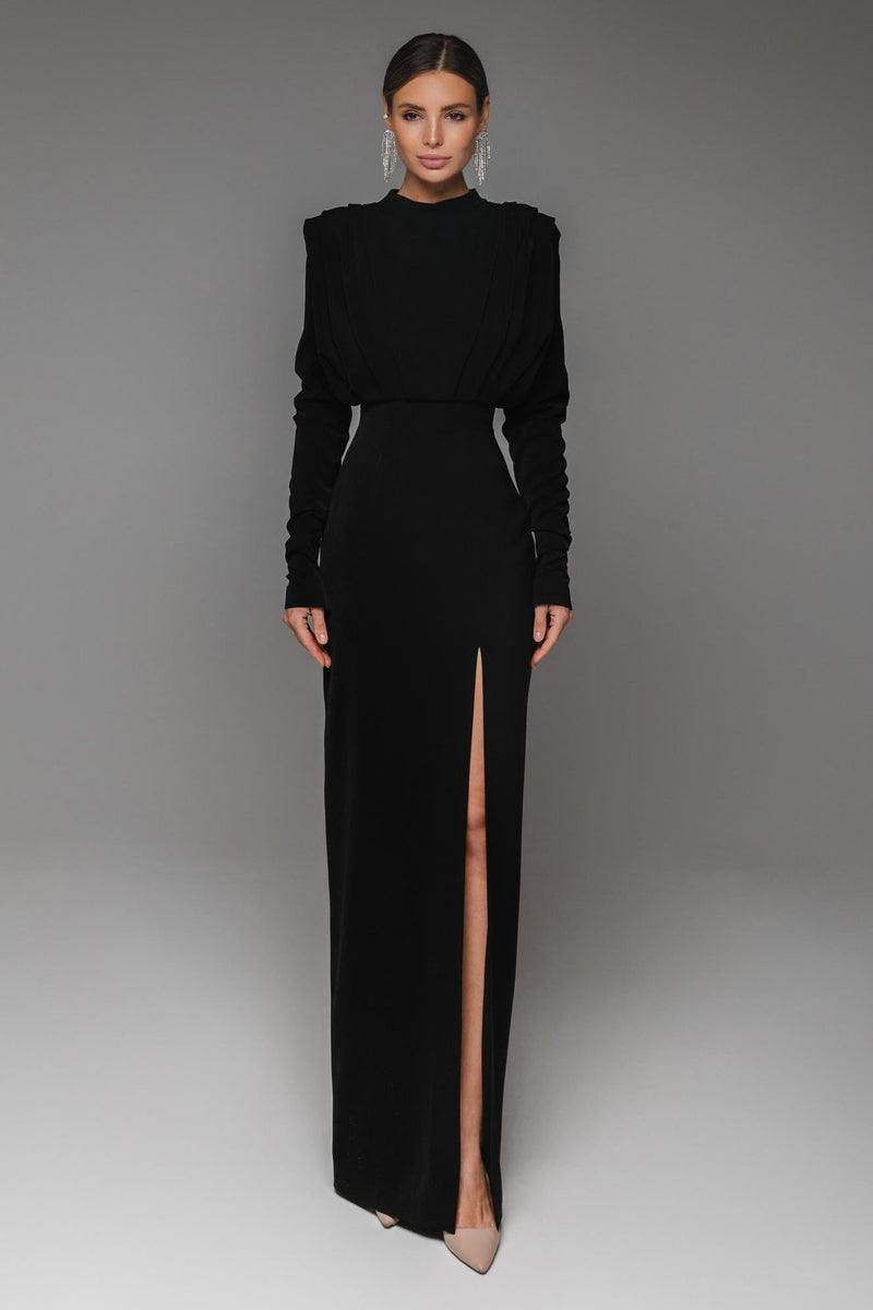 Stand Collar Long Sleeve Pleated Waist Split Maxi Dress