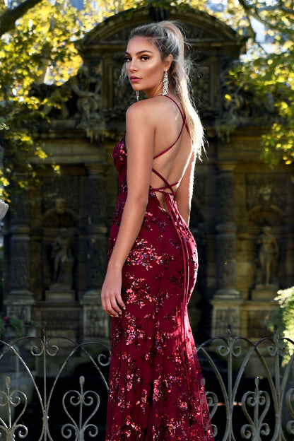 Sequin V-neck Backless Maxi Dress Red