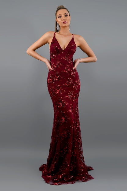 Sequin V-neck Backless Maxi Dress Red