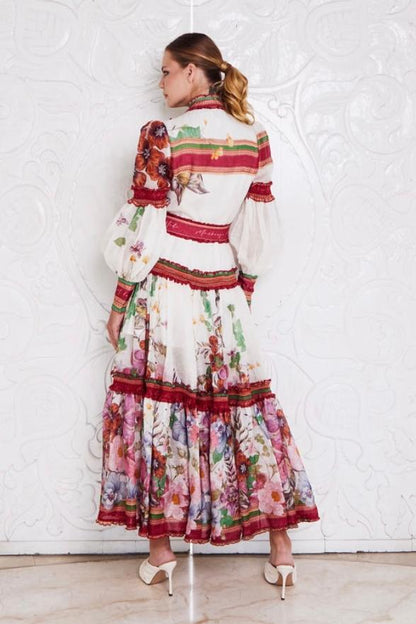 Lantern Sleeve Stand Collar Ruffle Maxi Dress
