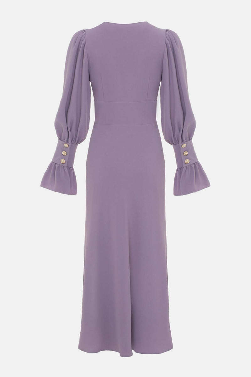 V-neck Lantern Sleeve Midi Dress