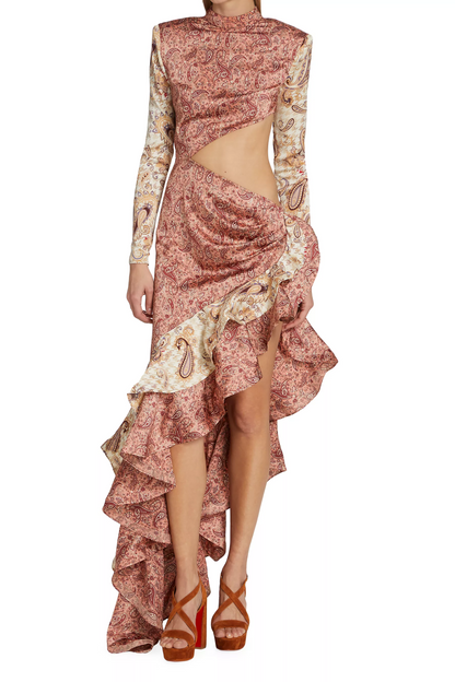 Paisley Ruffle Stand Collar Cut-out Split Maxi Dress