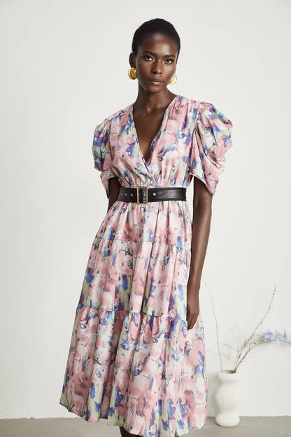 Abstract Print V-neck Midi Dress With Belt