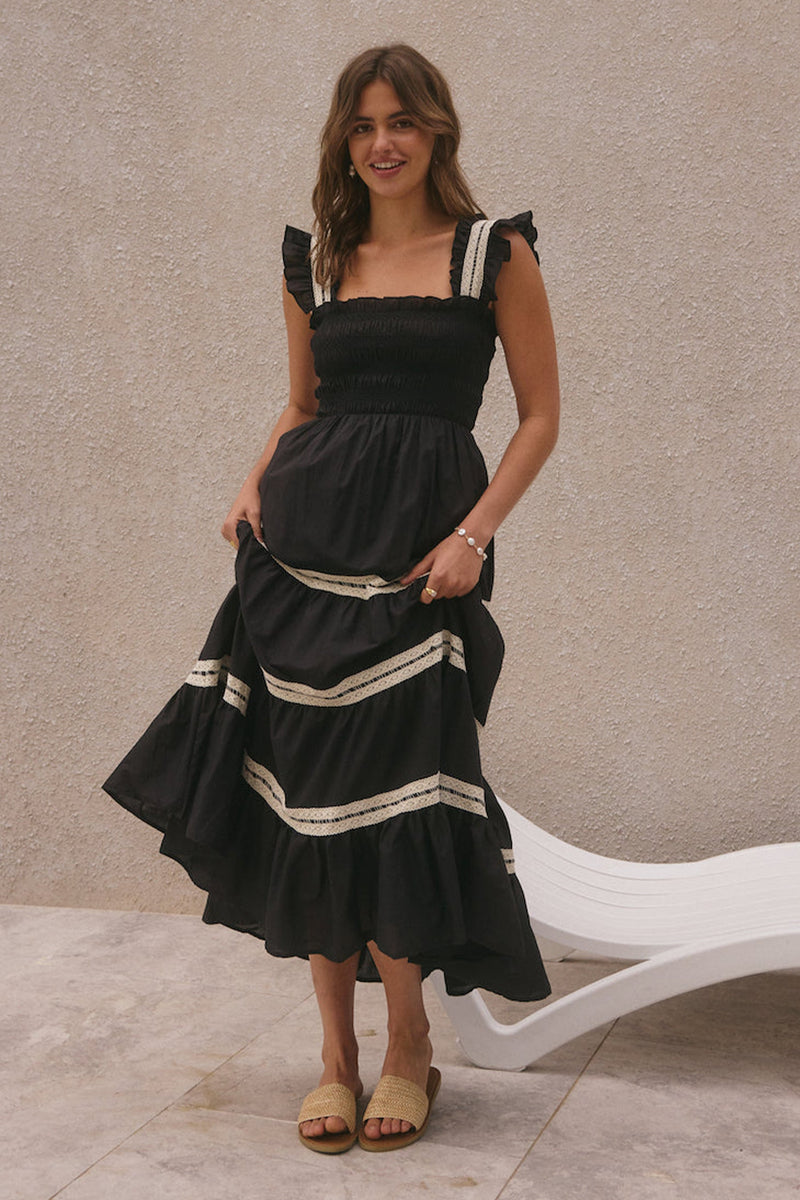 Lace Smocking Frill Sleeveless Midi Dress