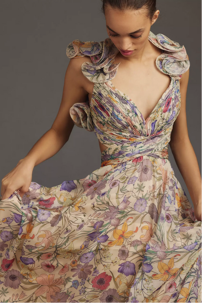 Pleated Backless Lace Up Maxi Dress