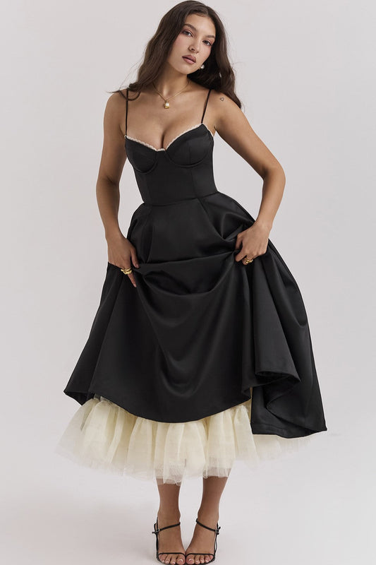 Lace Mesh Sweetheart Neck Midi Dress