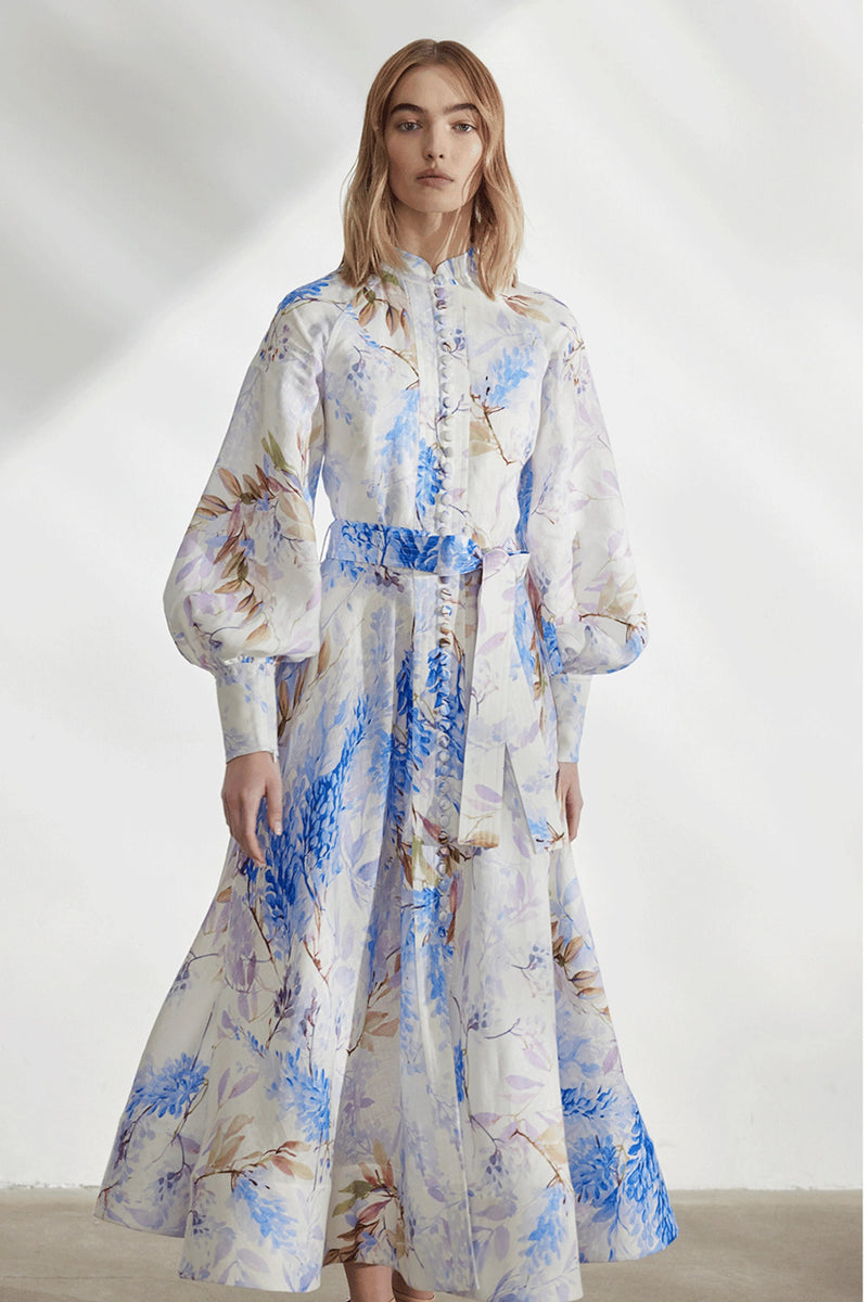 Button Lantern Sleeve Midi Dress