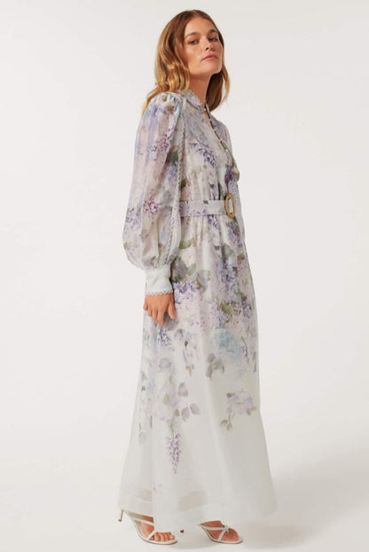 Lace Button Long Sleeve Maxi Dress With Belt