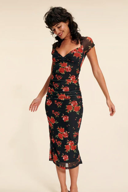 Mesh Sweetheart Neck Midi Dress