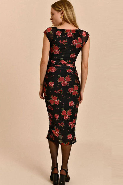Mesh Sweetheart Neck Midi Dress