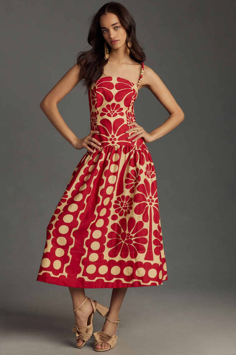 Abstract Print Polka Dot Sleeveless Frill Midi Dress