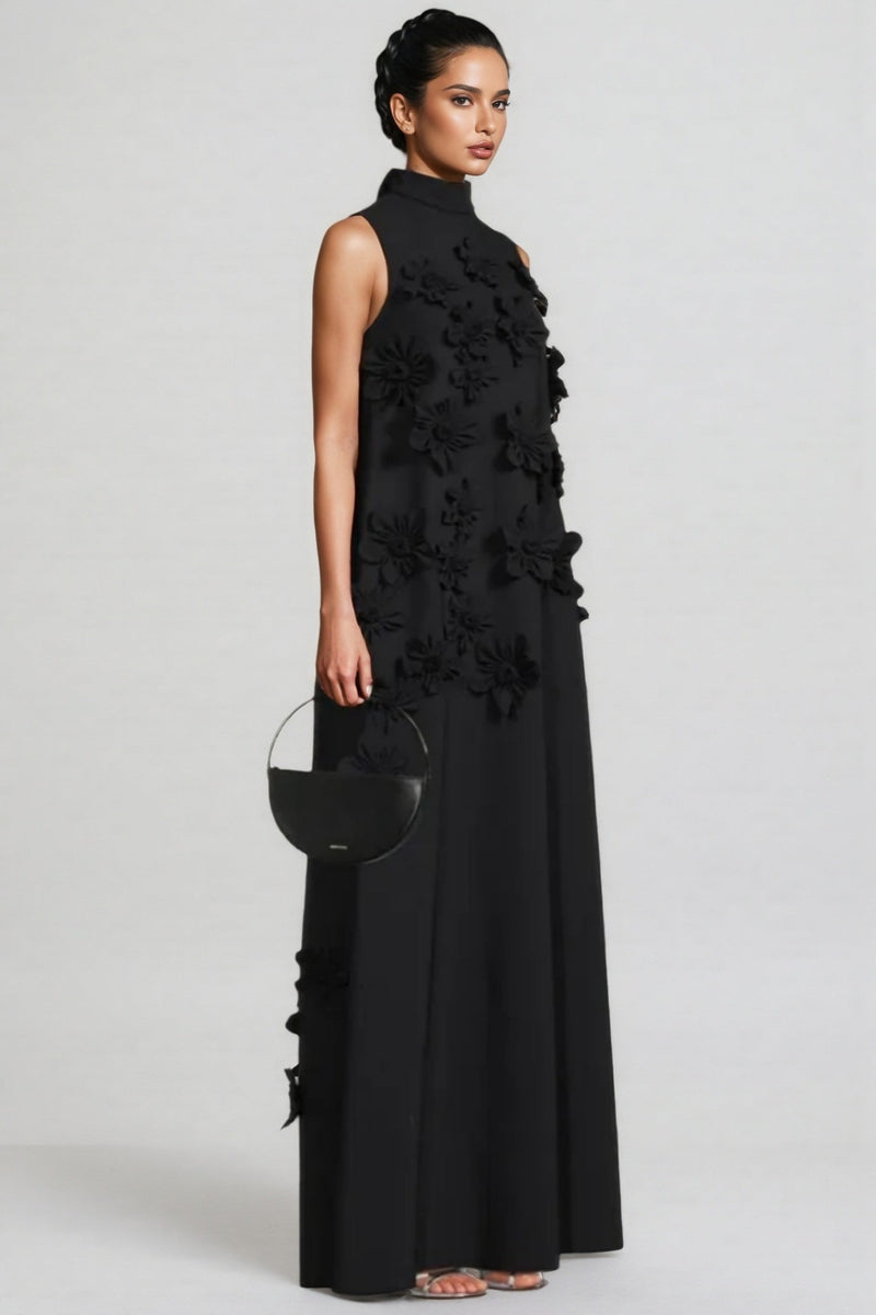 Daphne 3d High Neck Sleeveless Maxi Dress-black