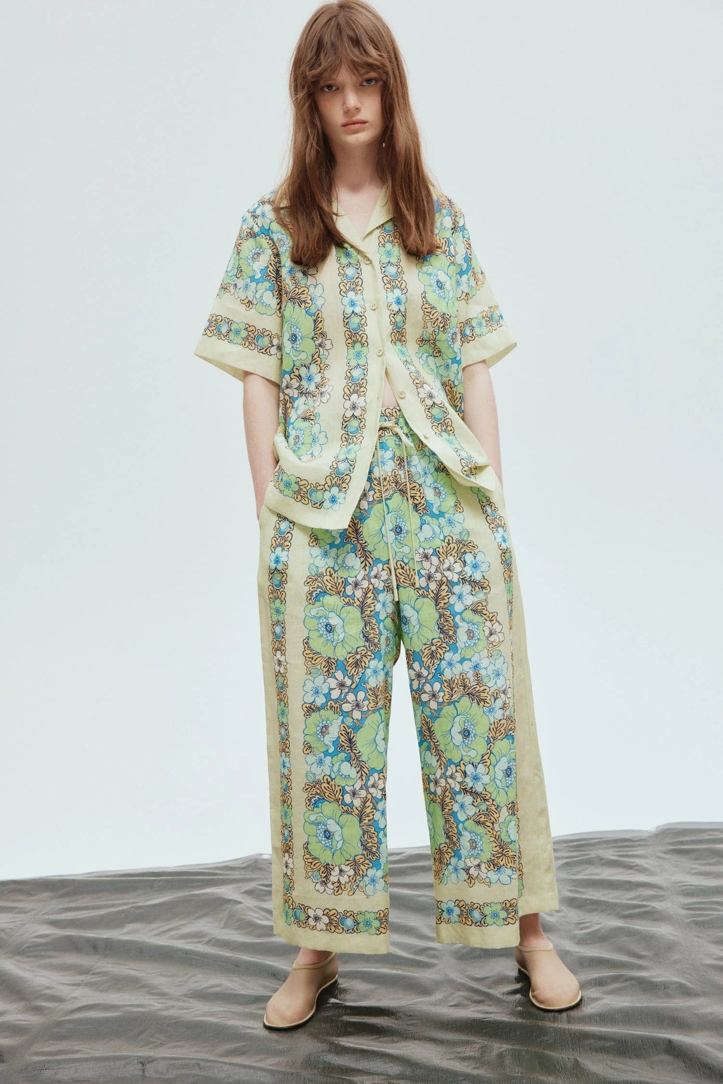 Shirt Collar Mid Sleeve Top & High Waist Wide-legged Pants Set