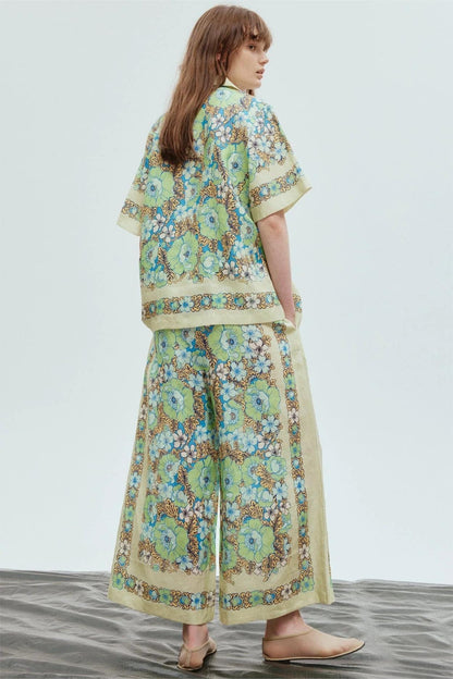 Shirt Collar Mid Sleeve Top & High Waist Wide-legged Pants Set
