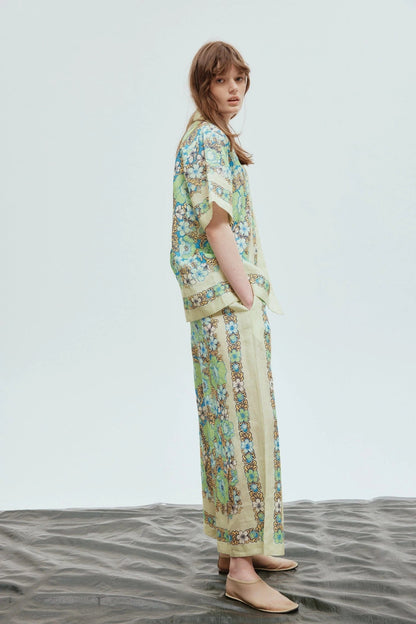 Shirt Collar Mid Sleeve Top & High Waist Wide-legged Pants Set