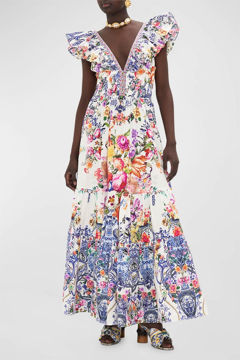 Frill V-neck Sleeveless Smocking Maxi Dress