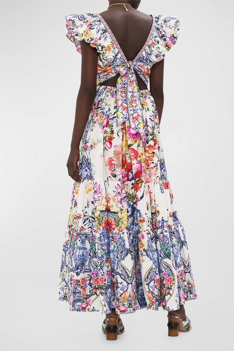 Frill V-neck Sleeveless Smocking Maxi Dress