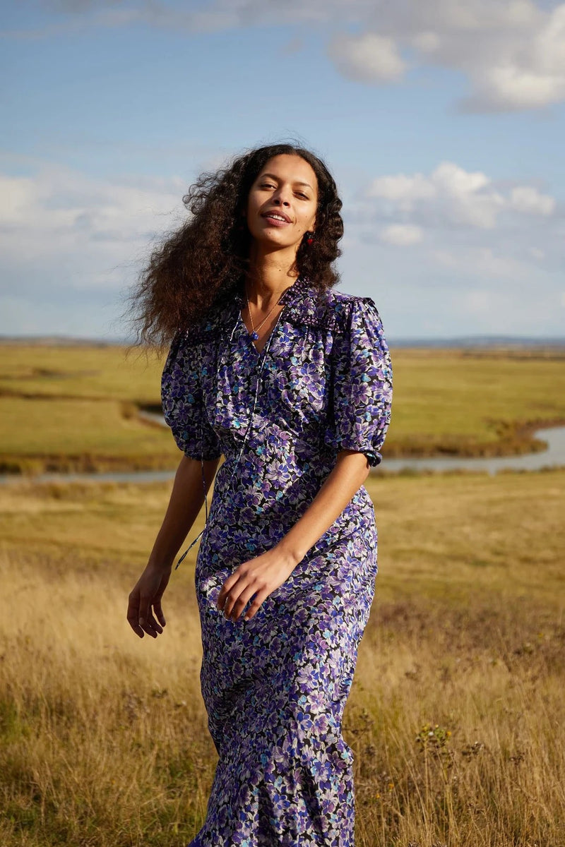 Puff Sleeve Lace Up Frill Midi Dress