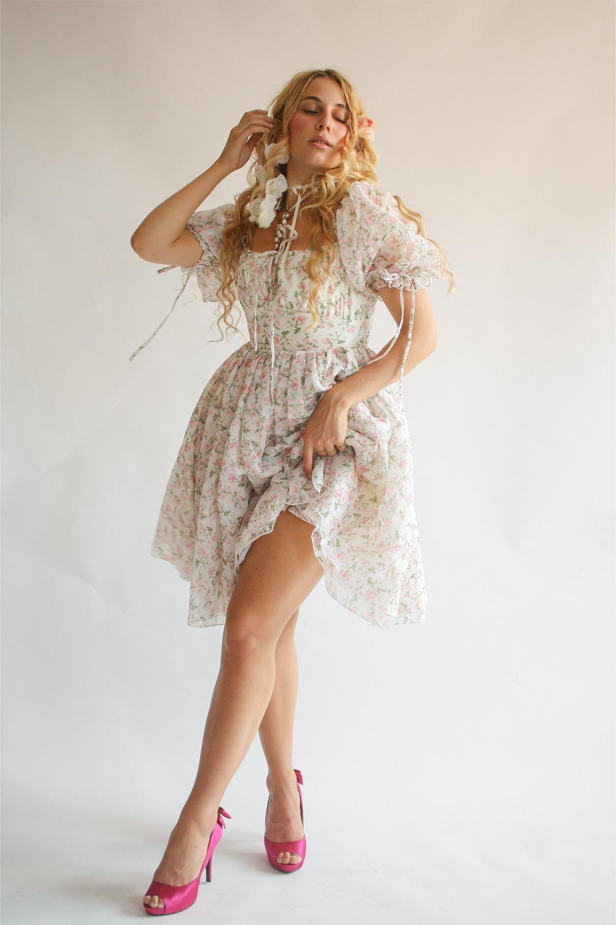 Puff-sleeve Lace Up Mini Dress