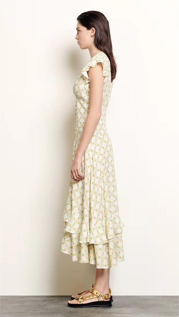 Jacquard V-neck Ruffle Midi Dress