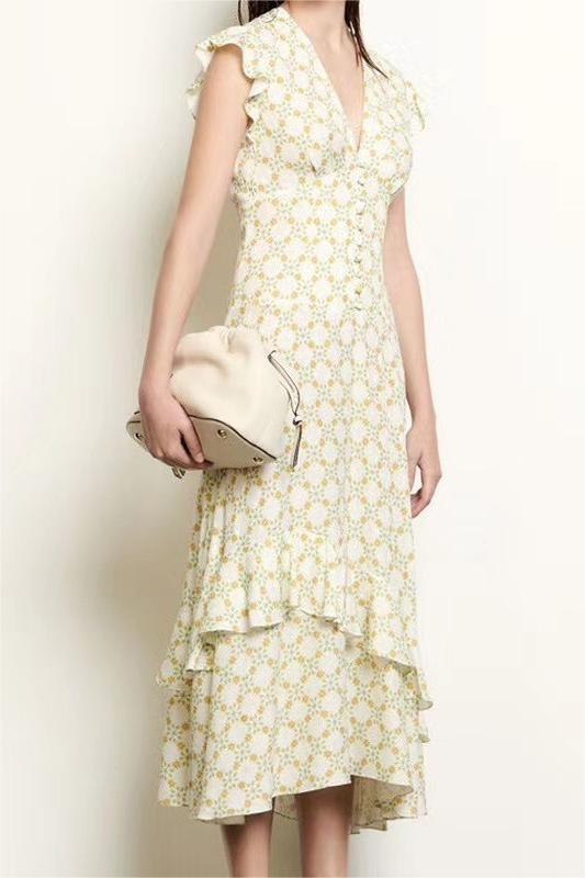 Jacquard V-neck Ruffle Midi Dress