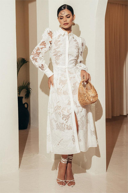 Lace Lantern Sleeve Midi Dress With Belt