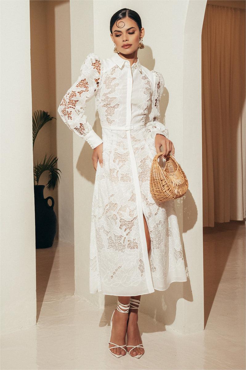 Lace Lantern Sleeve Midi Dress With Belt