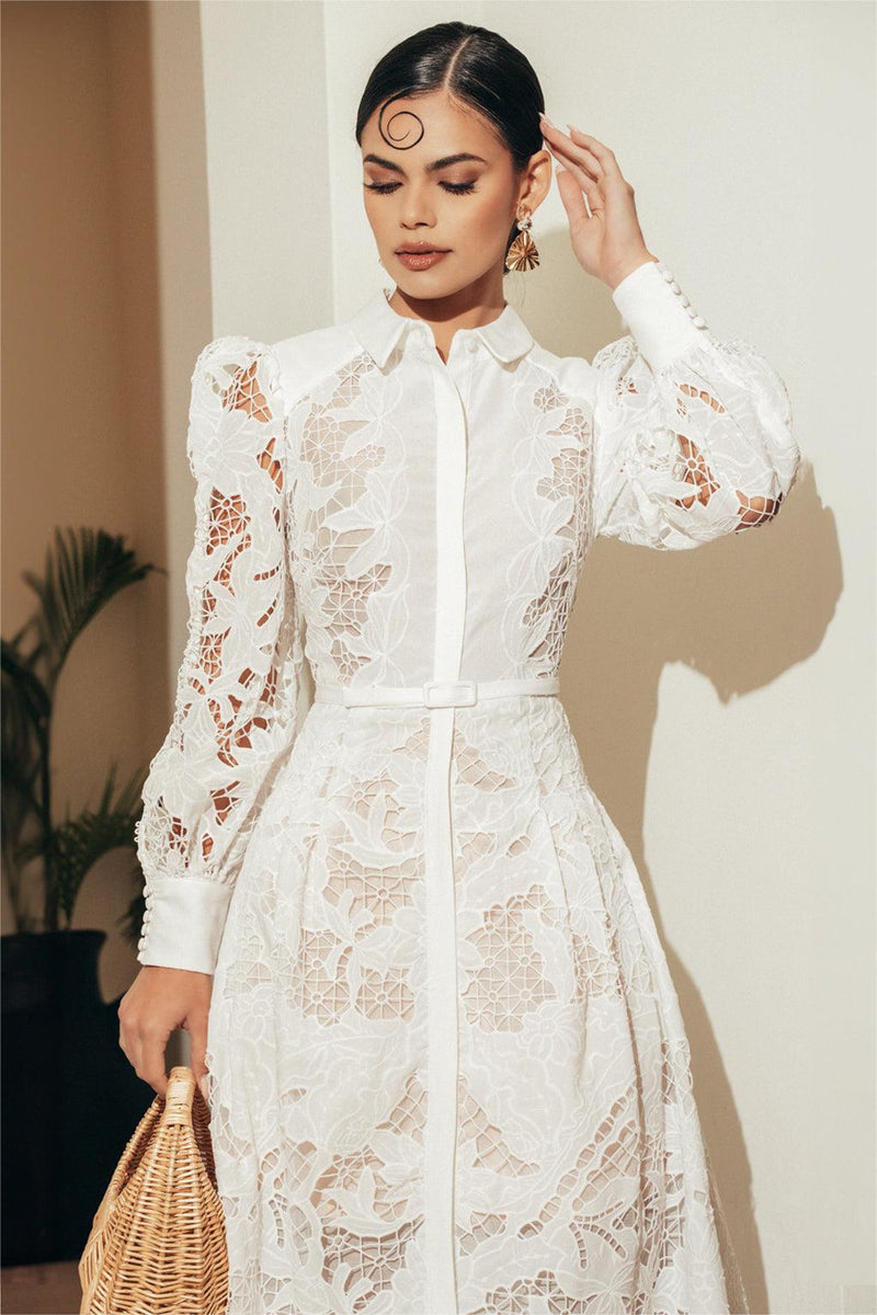 Lace Lantern Sleeve Midi Dress With Belt