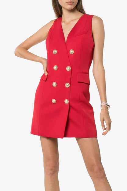 Metal Button Double Breasted Sleeveless Mini Dress