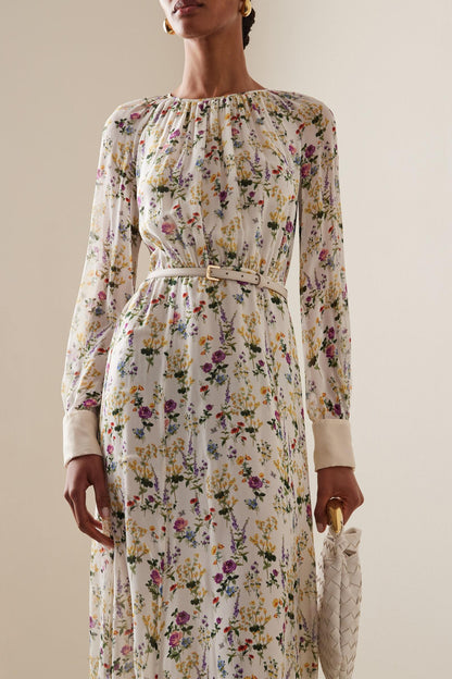 Pleat Round Neck Maxi Dress With Belt