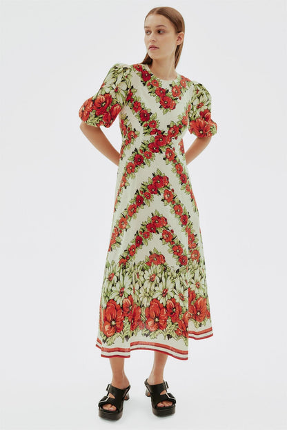 Puff Sleeve Round Neck Midi Dress