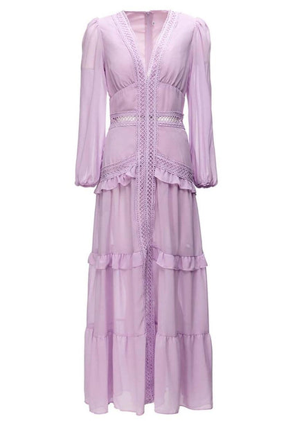 Lace V-neck Frill Midi Dress