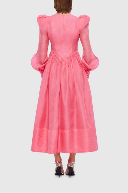 Lantern Sleeve Round Neck Midi Dress