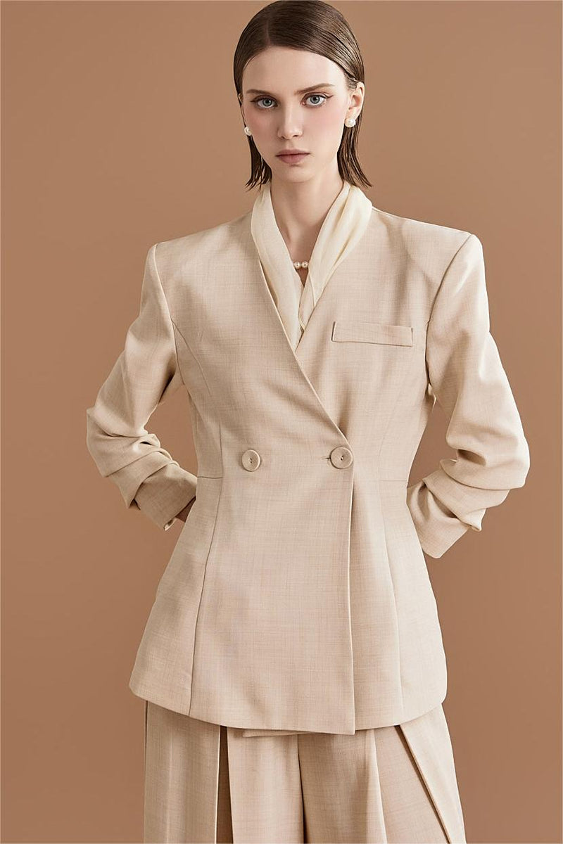 Mid Sleeve Bottom Blazer ＆ High Waist Wide Leg Pants Set With Belt
