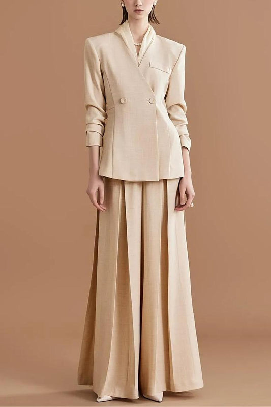 Mid Sleeve Bottom Blazer ＆ High Waist Wide Leg Pants Set With Belt