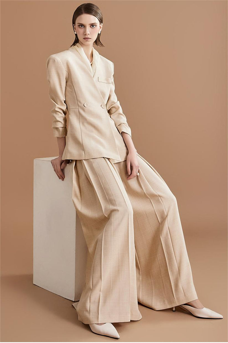Mid Sleeve Bottom Blazer ＆ High Waist Wide Leg Pants Set With Belt