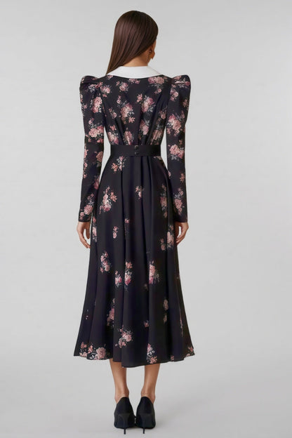 Eamon Contrast Collar Puff Sleeve Midi Dress