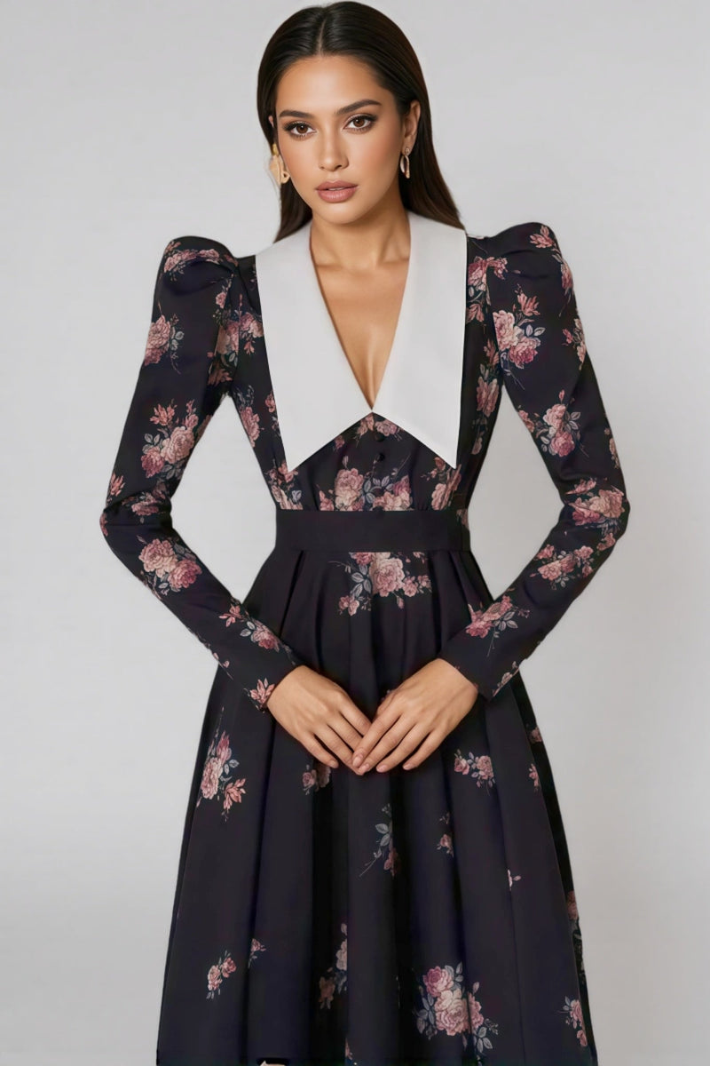 Eamon Contrast Collar Puff Sleeve Midi Dress