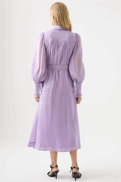Lantern Sleeve Frill Midi Dress With Belt Purple