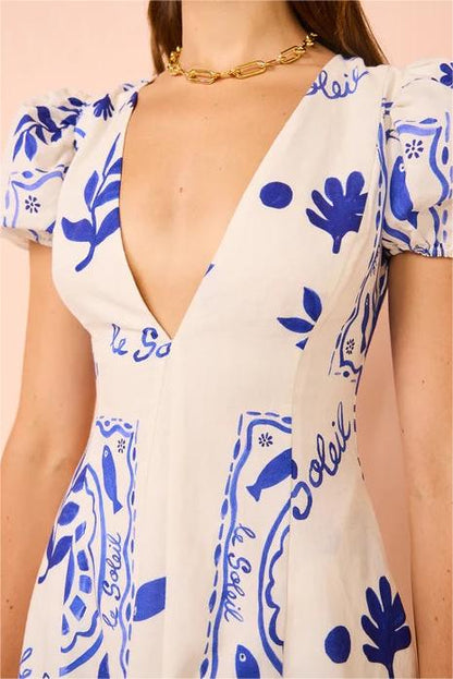 V-neck Puff Sleeve Midi Dress