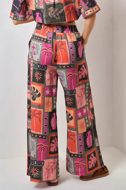 Botanical Print Satin Bottom Top �?mid Waist Pants Set